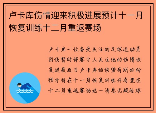 卢卡库伤情迎来积极进展预计十一月恢复训练十二月重返赛场 卢卡库伤情迎来积极进展预计十一月恢复训练十二月重返赛场